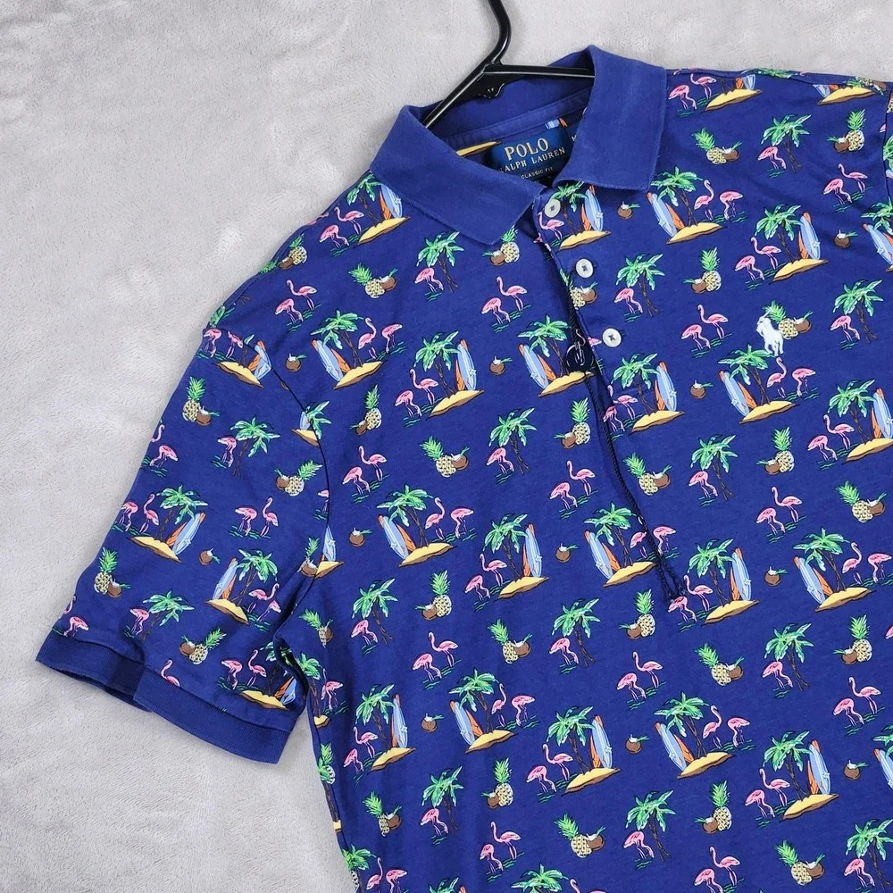 Polo Ralph Lauren Polo Shirt Mens Medium Blue Flamingo Tropical Print Beach